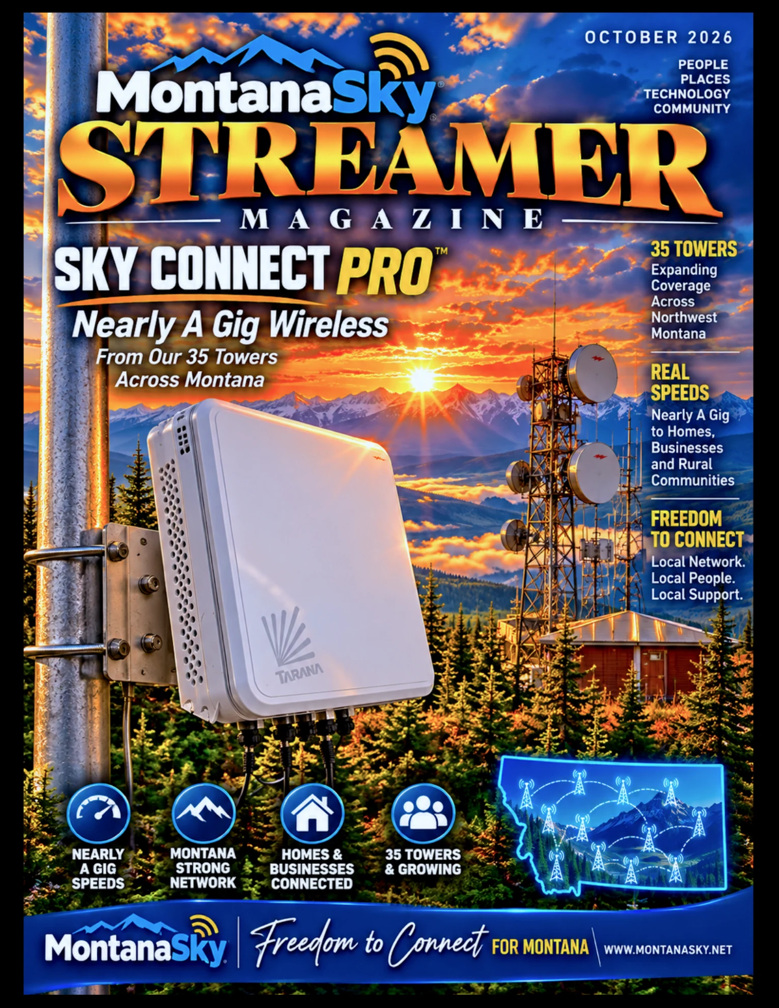 MontanaSky Streamer cover, October 2026. SkyConnect Pro nearly a gig wireless from 35 towers.